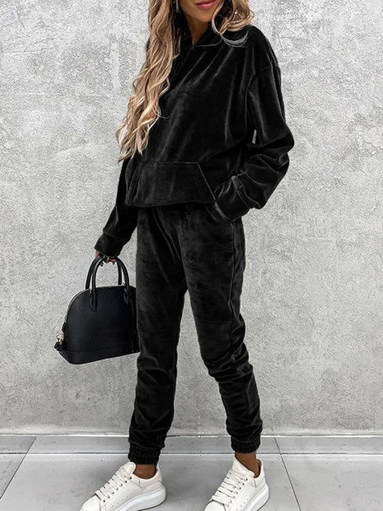 Damen Velours-Jogginganzug mit Kapuze und elastischem Bund