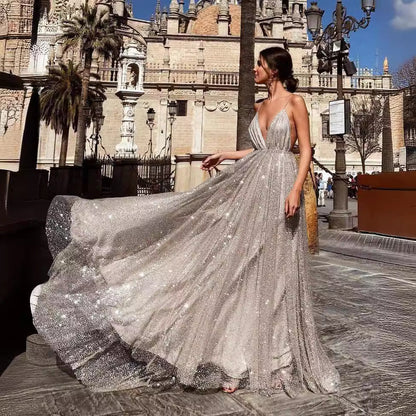 Damen Abendkleid Tüll V-Ausschnitt Schimmernd Eveloria