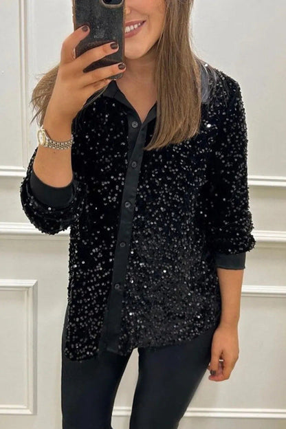 Damen Paillettenbluse Klassischer Kragen Langer Ärmel Glitzer Effekt