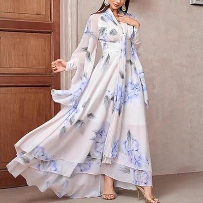 Damen Maxikleid Florales Design Volants Elegantes Langkleid