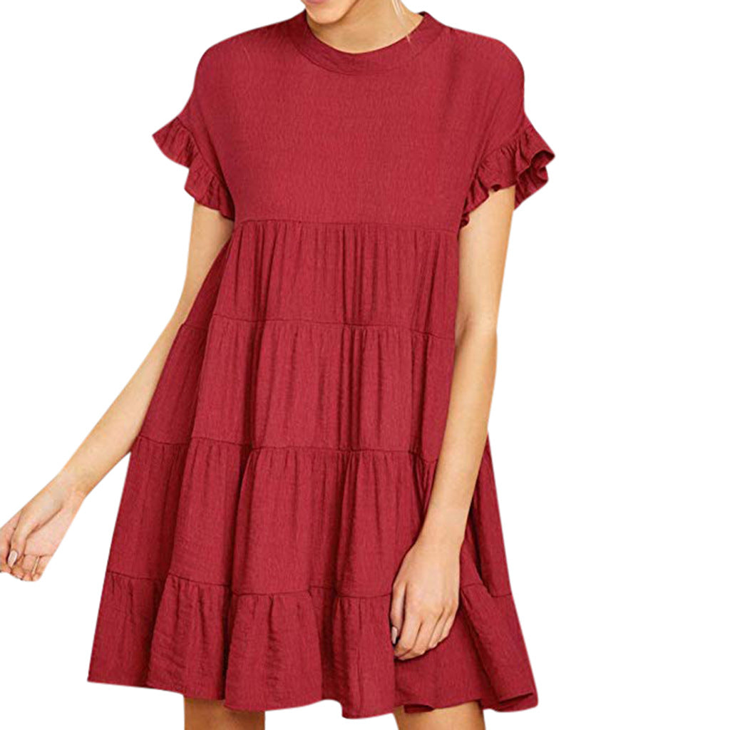 Damen Kurzarm Kleid Rüschendetails Fließender Schnitt Luftig Pastell