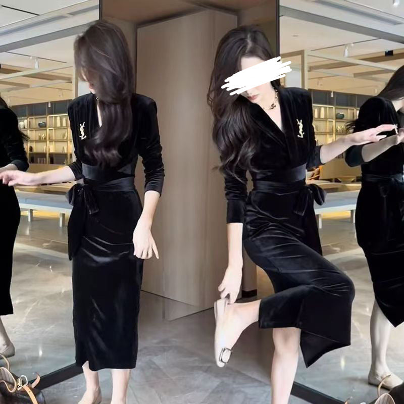 Damen Langarmkleid Wickeldesign Rüschensaum Eveloria
