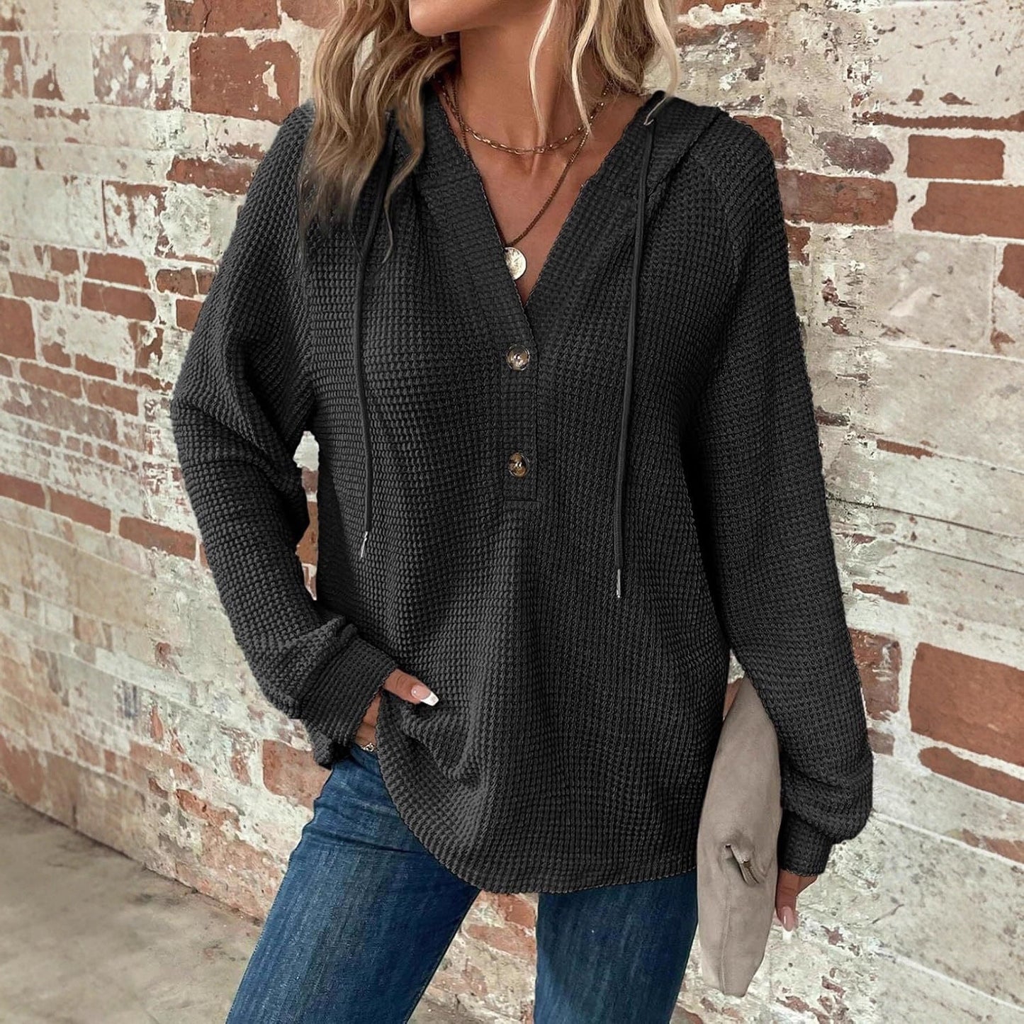 Damen Kapuzenpullover Langarm mit Knöpfen Eveloria