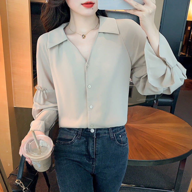 Damen Bluse Rüschendetails V-Ausschnitt Eveloria