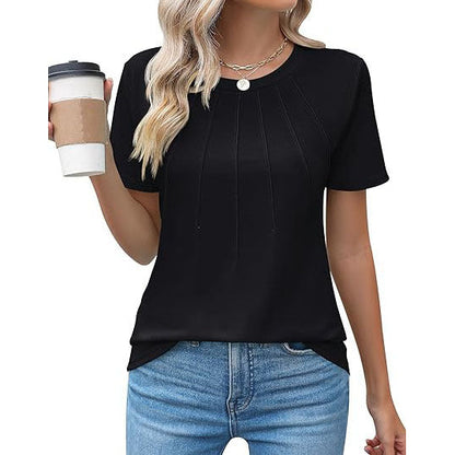 Eveloria Damen Rundhals T-Shirt Plissee Weiss
