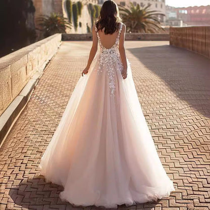 Damen Hochzeitskleid mit floralem Dekor und V-Ausschnitt