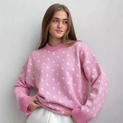 Damen Oversized Pullover Baumwolle Gemustert Beige - Eveloria