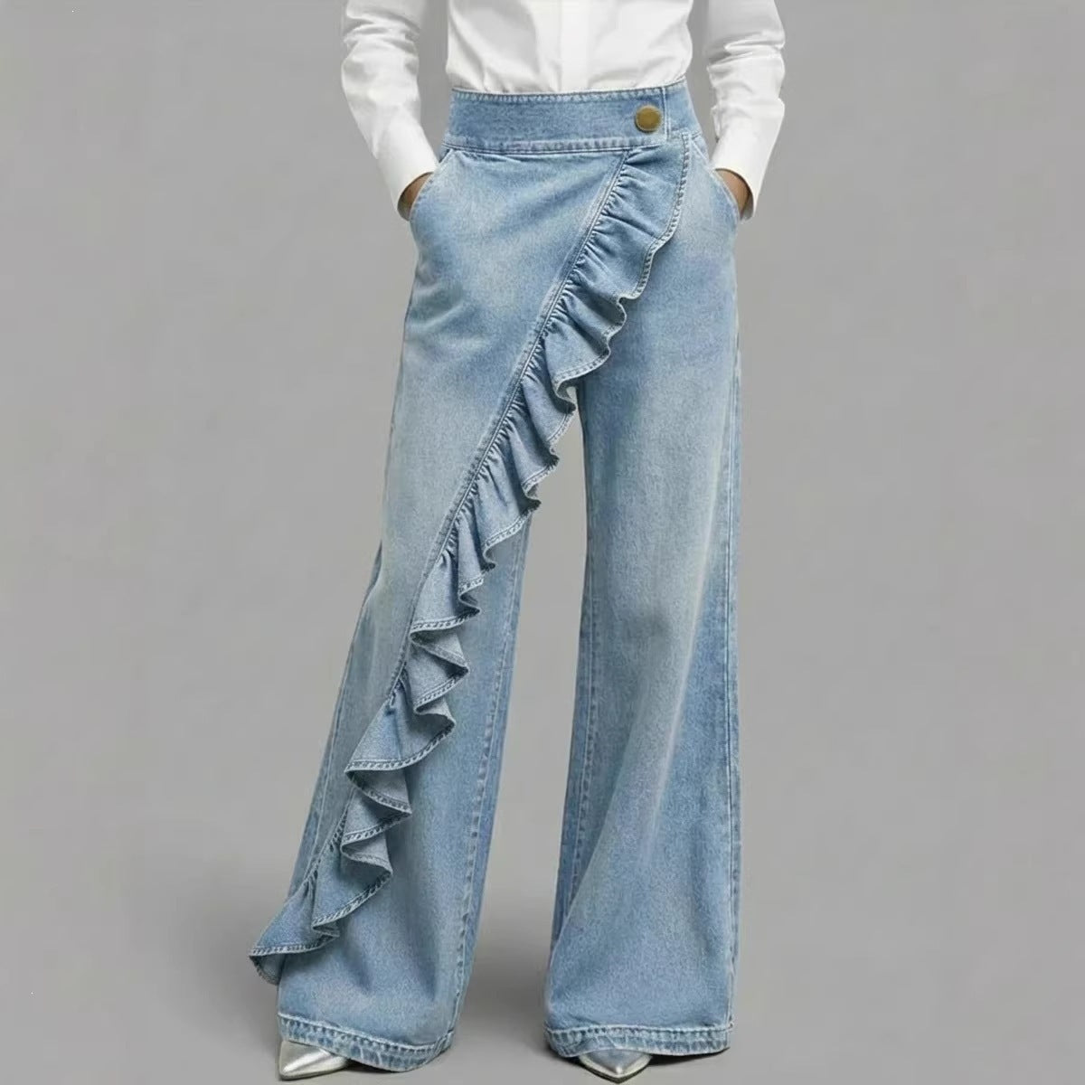 Damen Weite Jeanshose Rüschendetail Eveloria