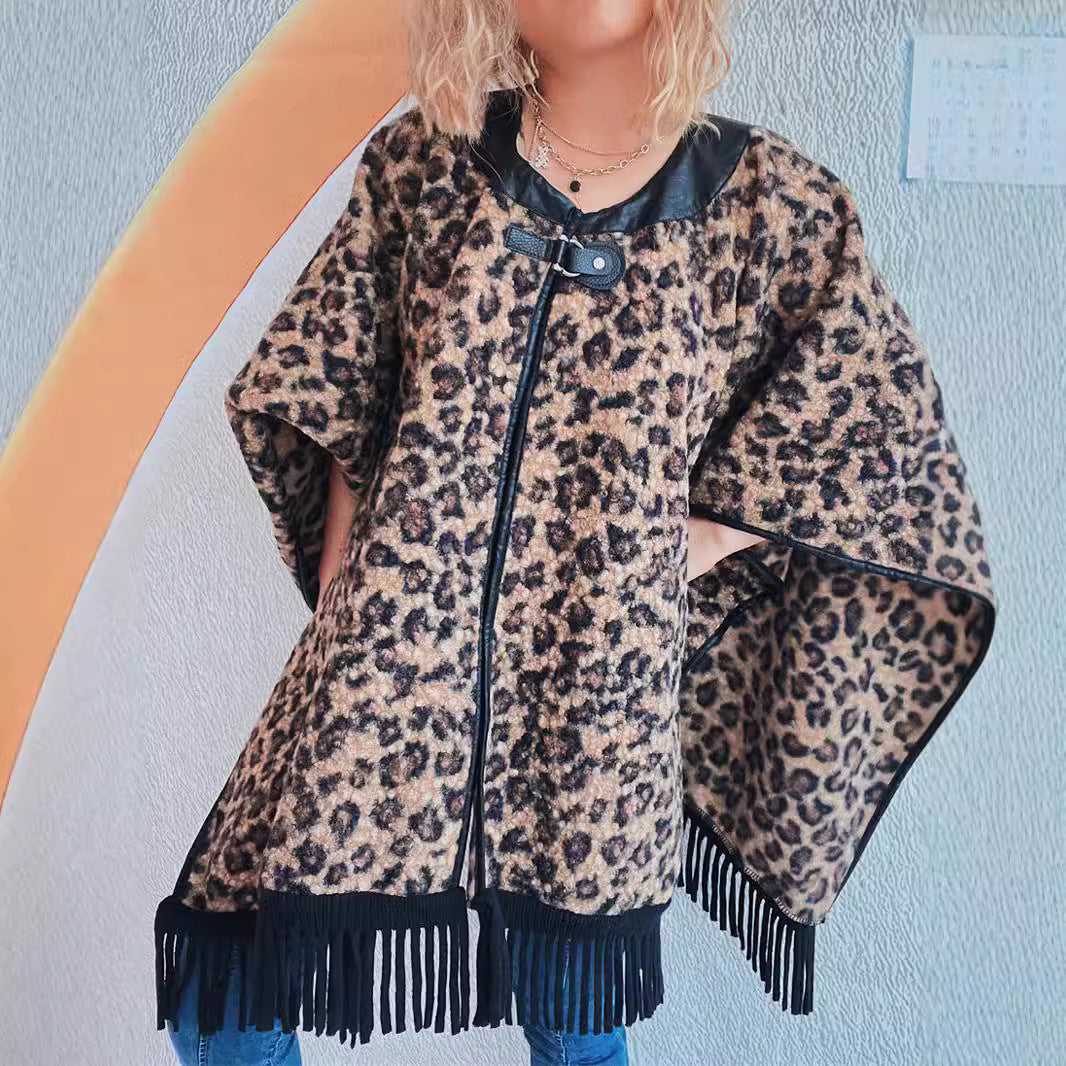 Damen Poncho Fransen Tierprint Schwarz - Eveloria