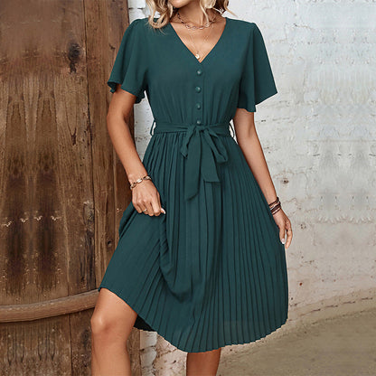 Damen Plissee-Kleid mit Taillengürtel und Knöpfen - Eveloria