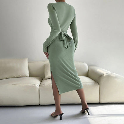 Damen Wickelkleid Längsärmelig Elegant Raffung Effekt