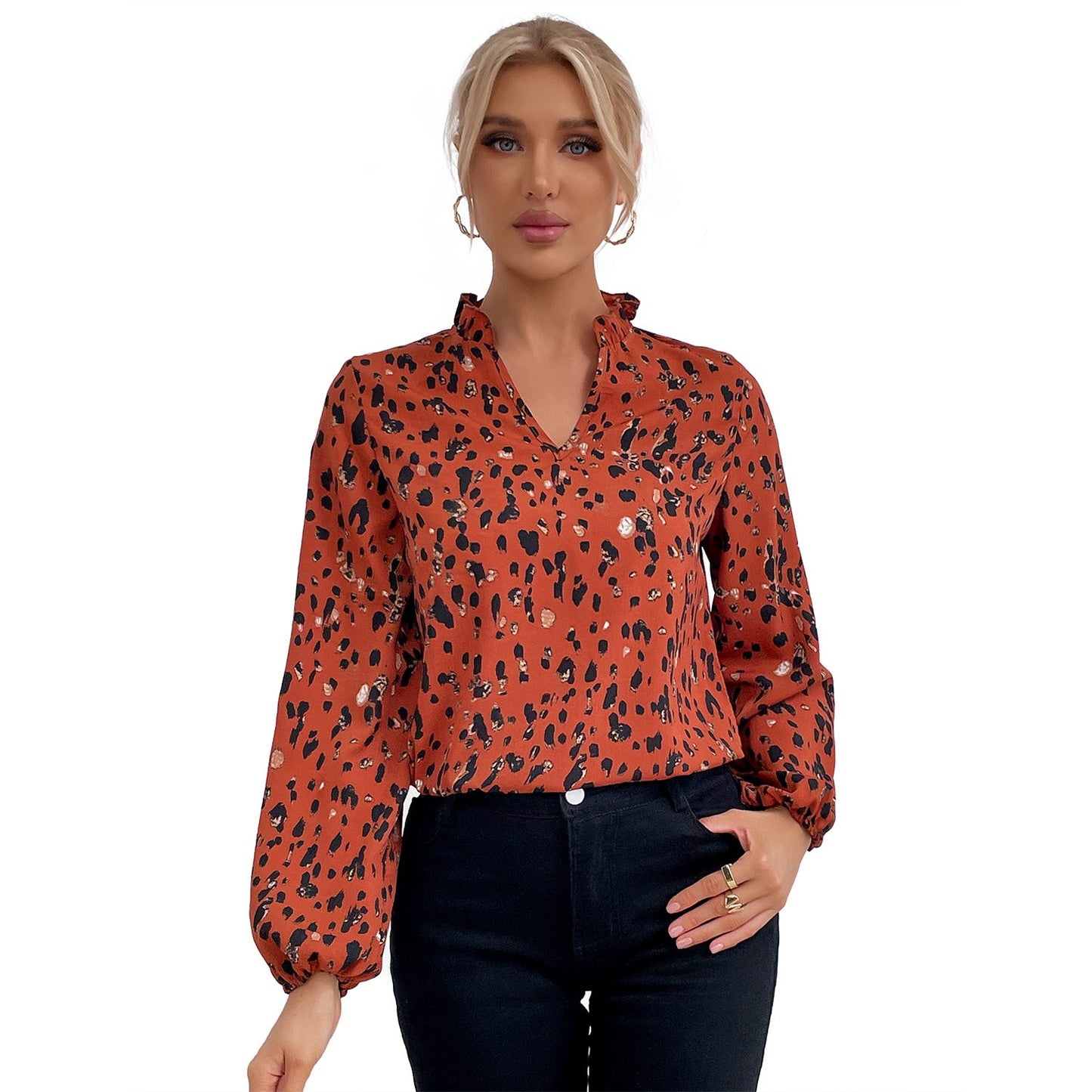 Damen Bluse Leopardenmuster Voluminöse Ärmel Floral Eveloria