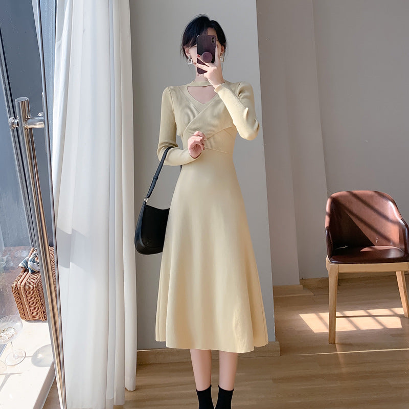 Damen Strickkleid Wickeldesign Cut-Out Elegant