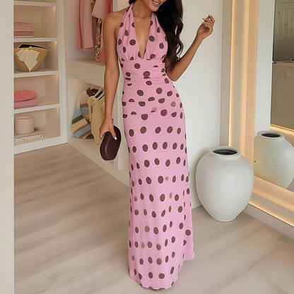 Damen Maxikleid Halterneck Polka Dot Muster Weiß