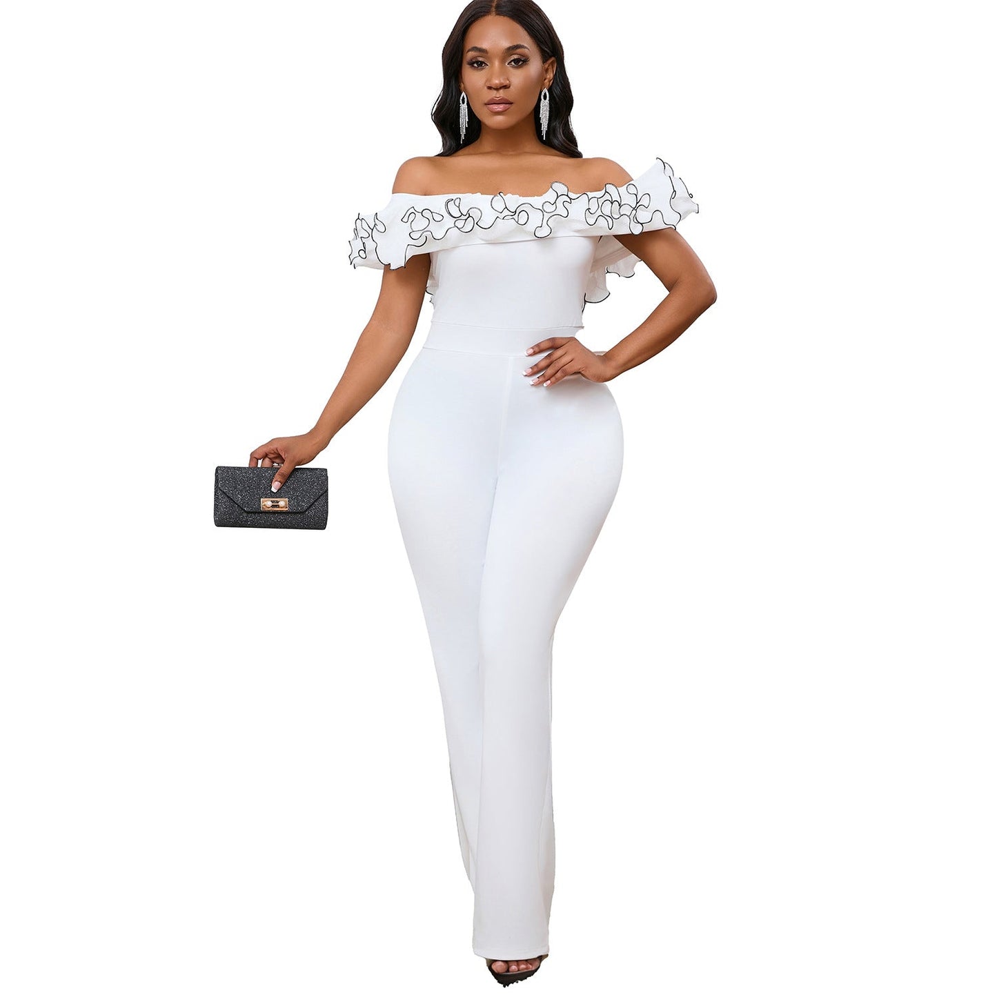Damen Jumpsuit Voluminöser Rüschenkragen Eleganter Schnitt Eveloria