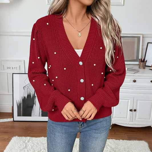 Damen Cardigan Gestrickt Perlen Dekoration Beige - Eveloria