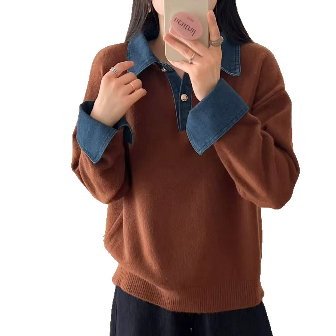 Damen Pullover Weiches Material Mit Hemdkragen Beige