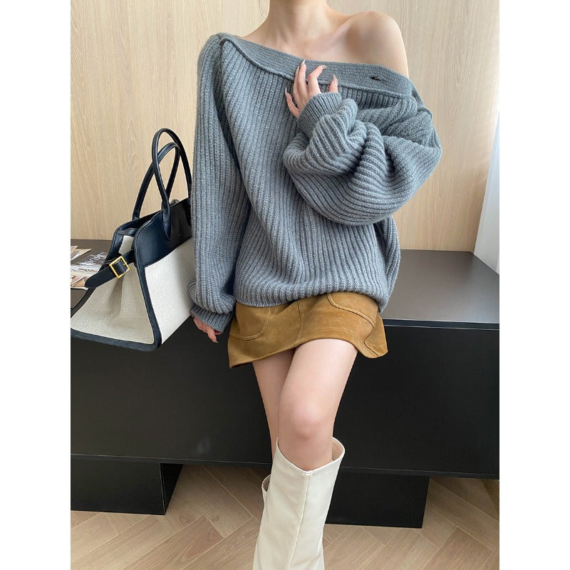 Damen Strickpullover Gemütlich Überhang Elegant Eveloria