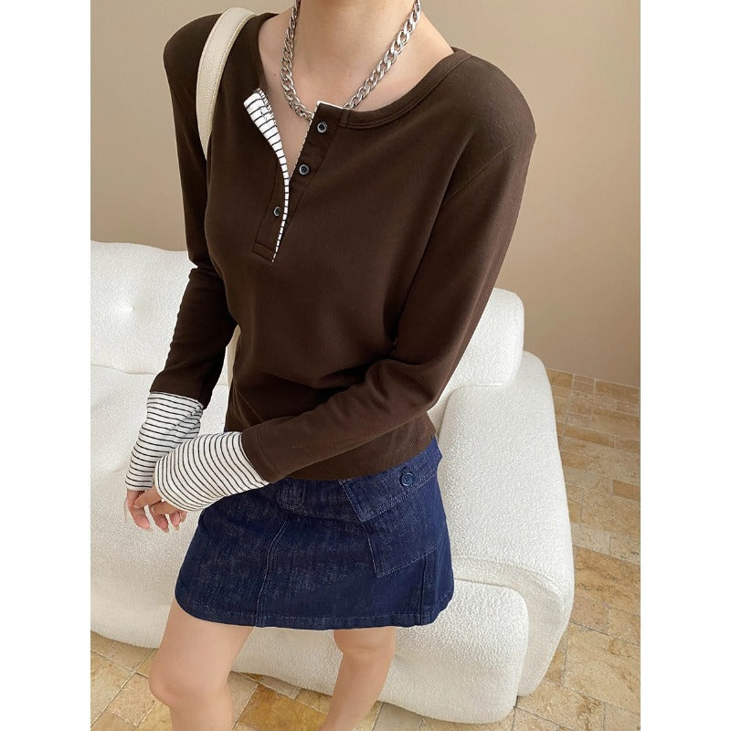 Damen Langarmshirt Gestreift mit Knopfverschluss