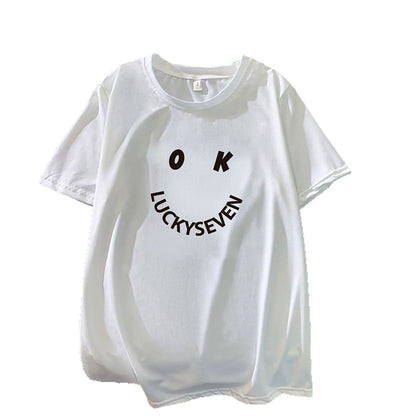 Damen T-Shirt Baumwolle Lässig Smiley-Print Weiß