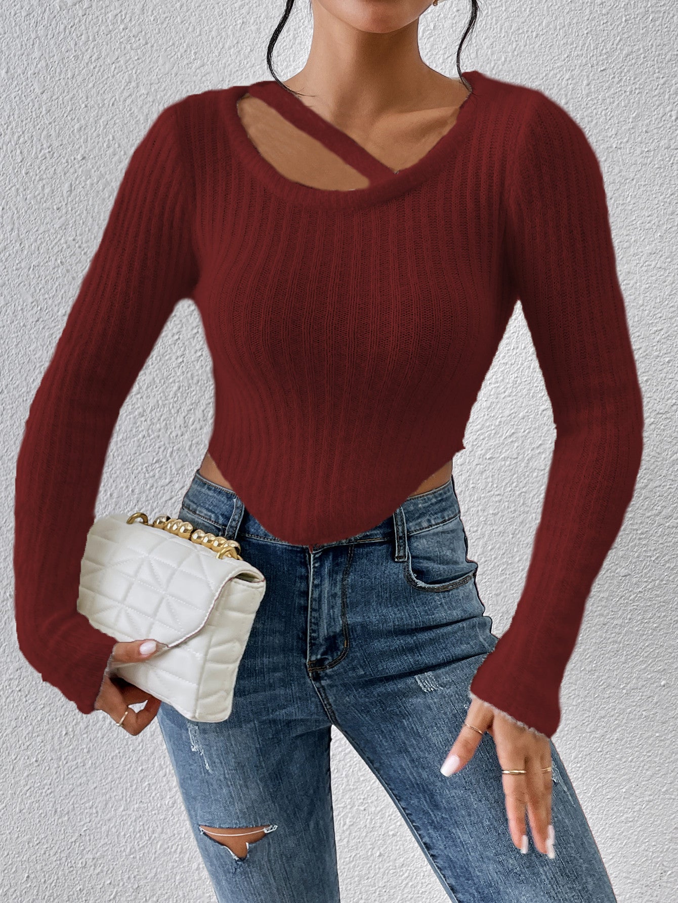 Damen Off-the-Shoulder Stricktop Elastischer Saum Beige