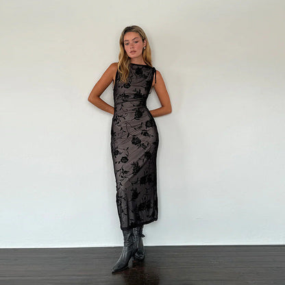 Damen Maxikleid Ärmellos Floralmuster Spitze