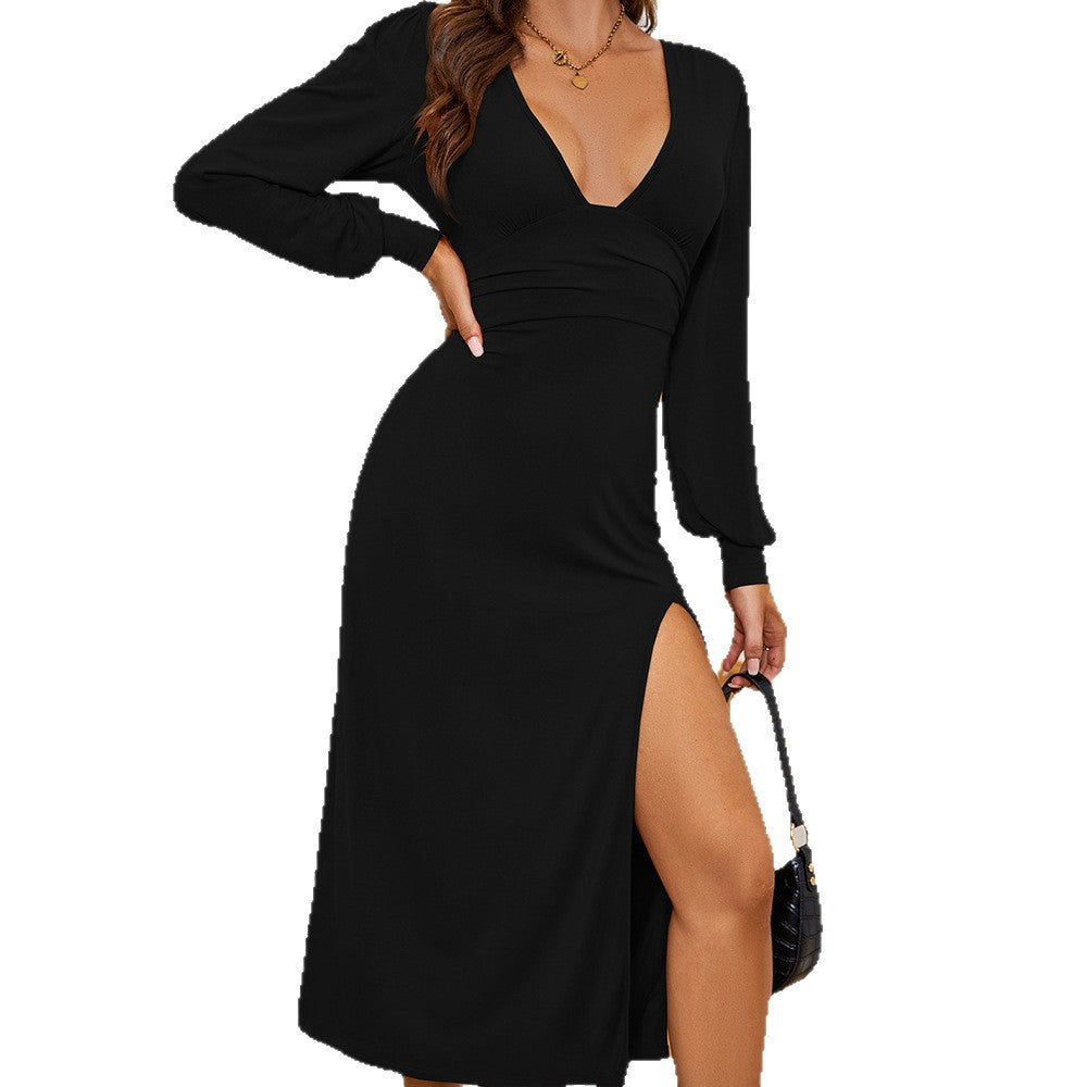 Damen Maxi-Kleid V-Ausschnitt Eleganter Schlitz Eveloria