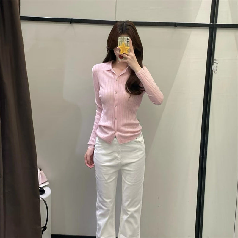 Damen Feinstrickbluse mit Kragen und Knöpfen Elegant Weiß - Eveloria