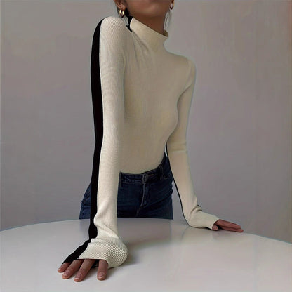 Damen Rollkragenpullover Kontrastärmel Eveloria