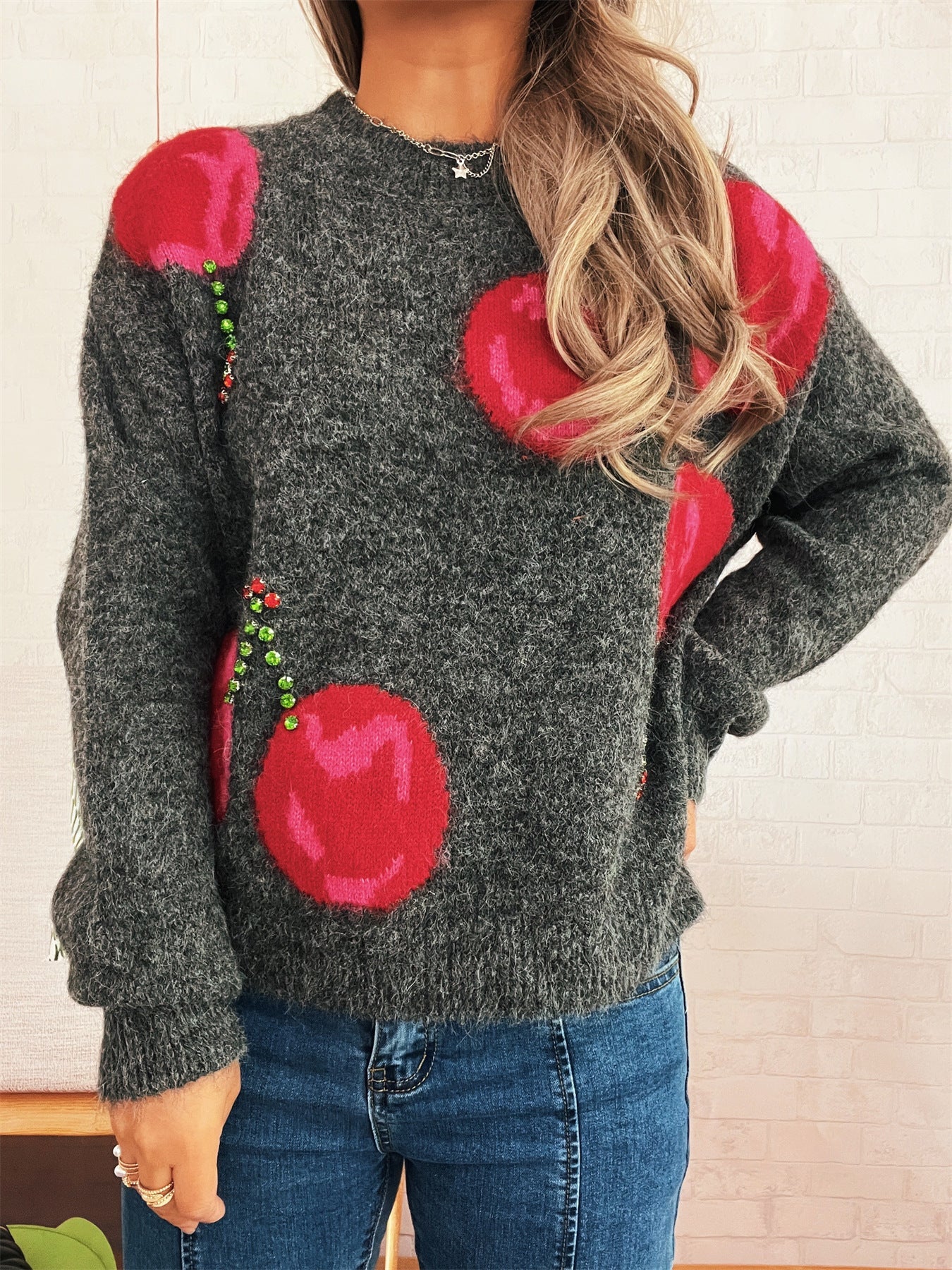 Damen Strickpullover Kuschelig Floralmuster Glitzernd