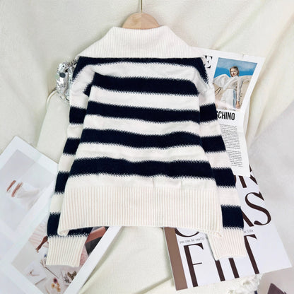 Damen Pullover Gestreift Elastischer Bund Moderner Polokragen