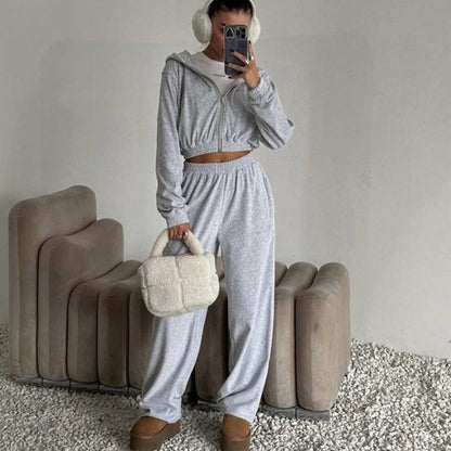 Damen Velours Freizeit-Set mit Kapuze Elastisch Anthrazit