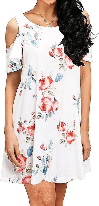 Damen Sommerkleid Floralmuster Schulterfrei Eveloria