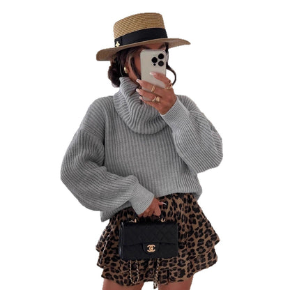 Damen Grobstrickpullover Hochkragen Weitärmelig Eveloria