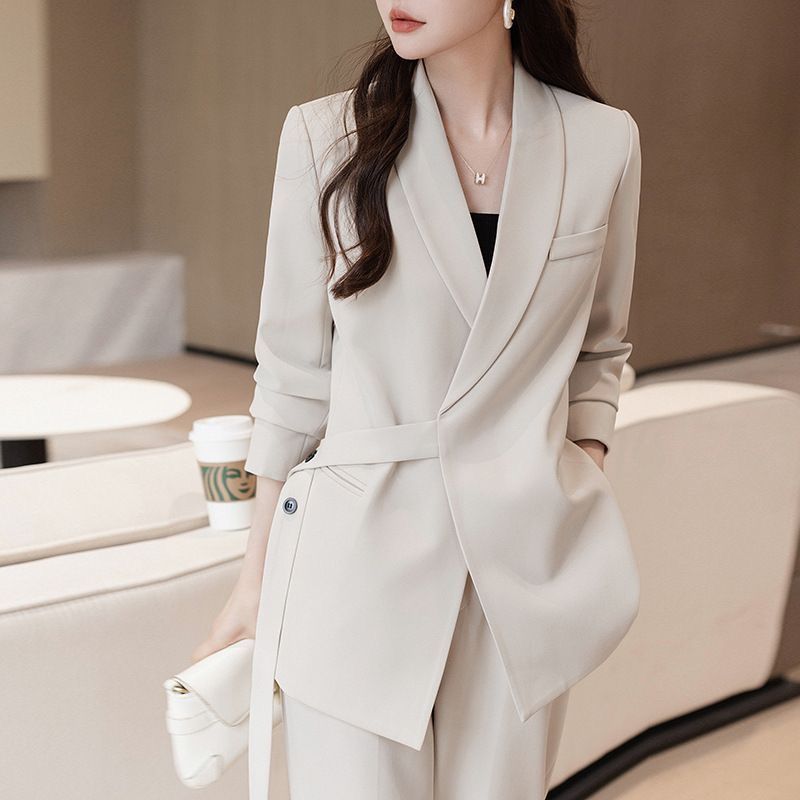 Damen Blazer Asymmetrisch Taillengürtel Schwarz Eveloria - Eveloria