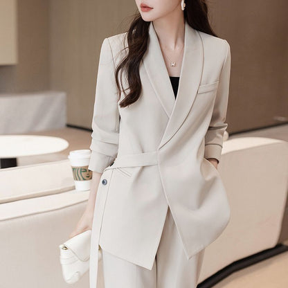 Damen Blazer Asymmetrisch Taillengürtel Schwarz Eveloria - Eveloria