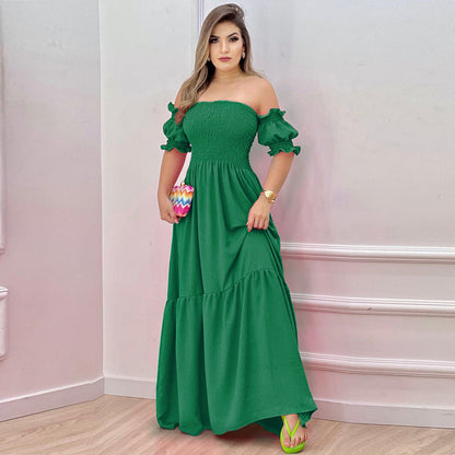 Damen Maxikleid Schulterfrei Rüschen Details Luftig Eveloria