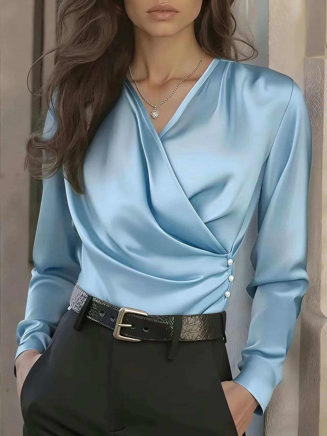 Damen Wickelbluse Satin Knöpfe Elegant Eveloria