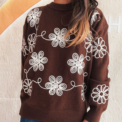 Damen Strickpullover Florales Muster Hoher Kragen