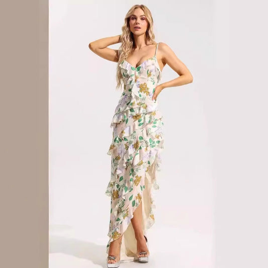 Damen Maxikleid Rüschen Floralmuster Tiefbeinschlitz Schwarz - Eveloria