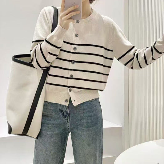 Damen Strickcardigan Klassische Streifen Knöpfe Beige - Eveloria