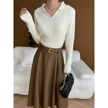 Damen Strickpullover V-Ausschnitt Rippenstruktur