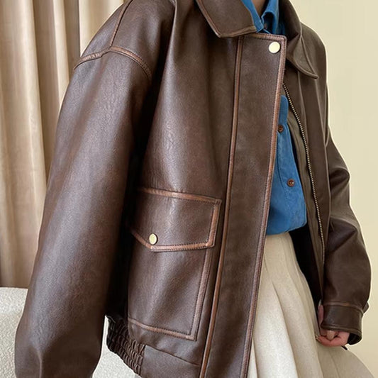 Damen Kunstlederjacke Lässig Mit Taschen Schwarz Eveloria - Eveloria