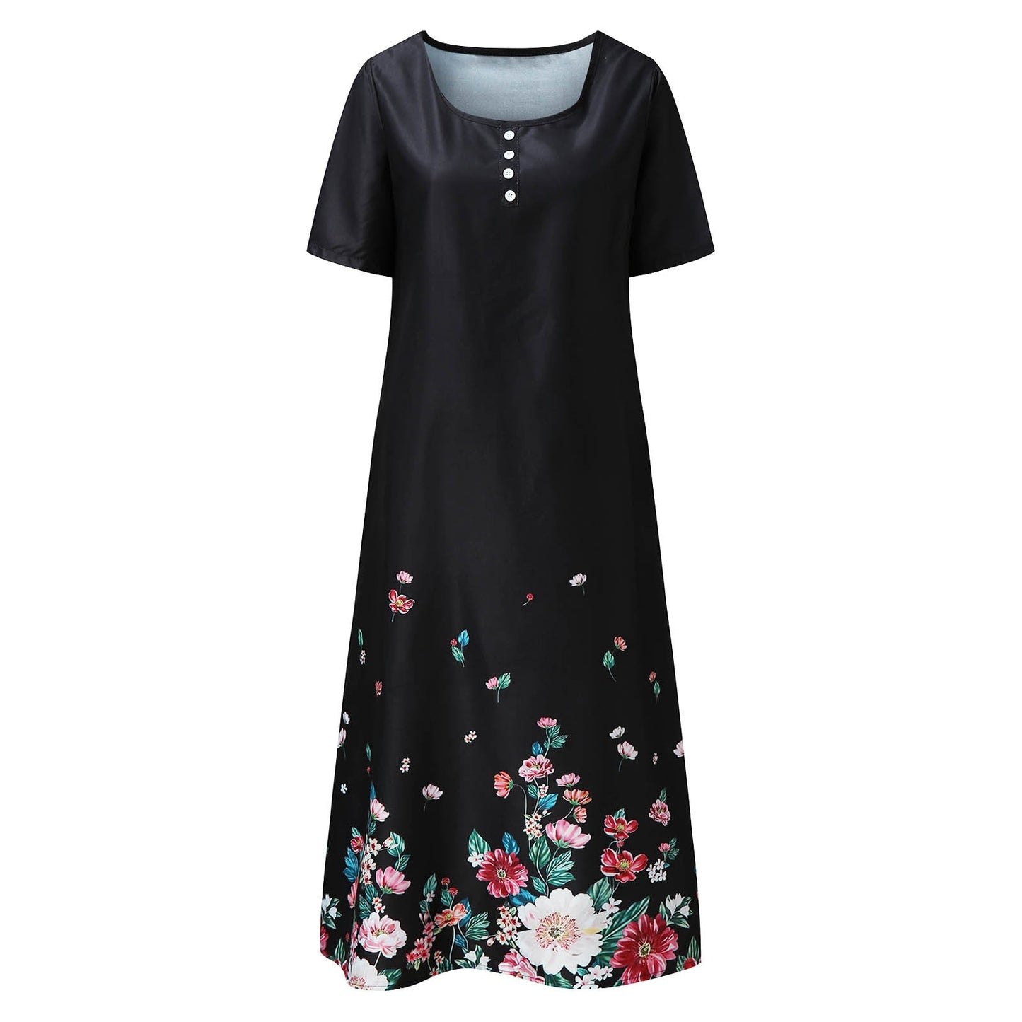 Damen Maxikleid Langärmlig Floralmuster Elegante Knöpfe Eveloria