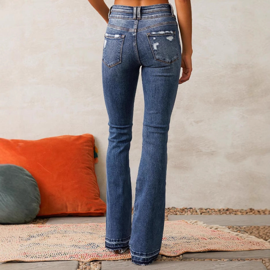 Damen Hochtaillierte Flared Jeans Destroyed Details Blau