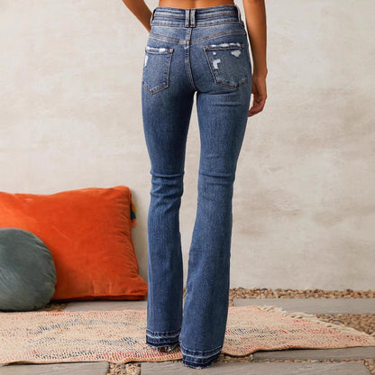 Damen Hochtaillierte Flared Jeans Destroyed Details Blau