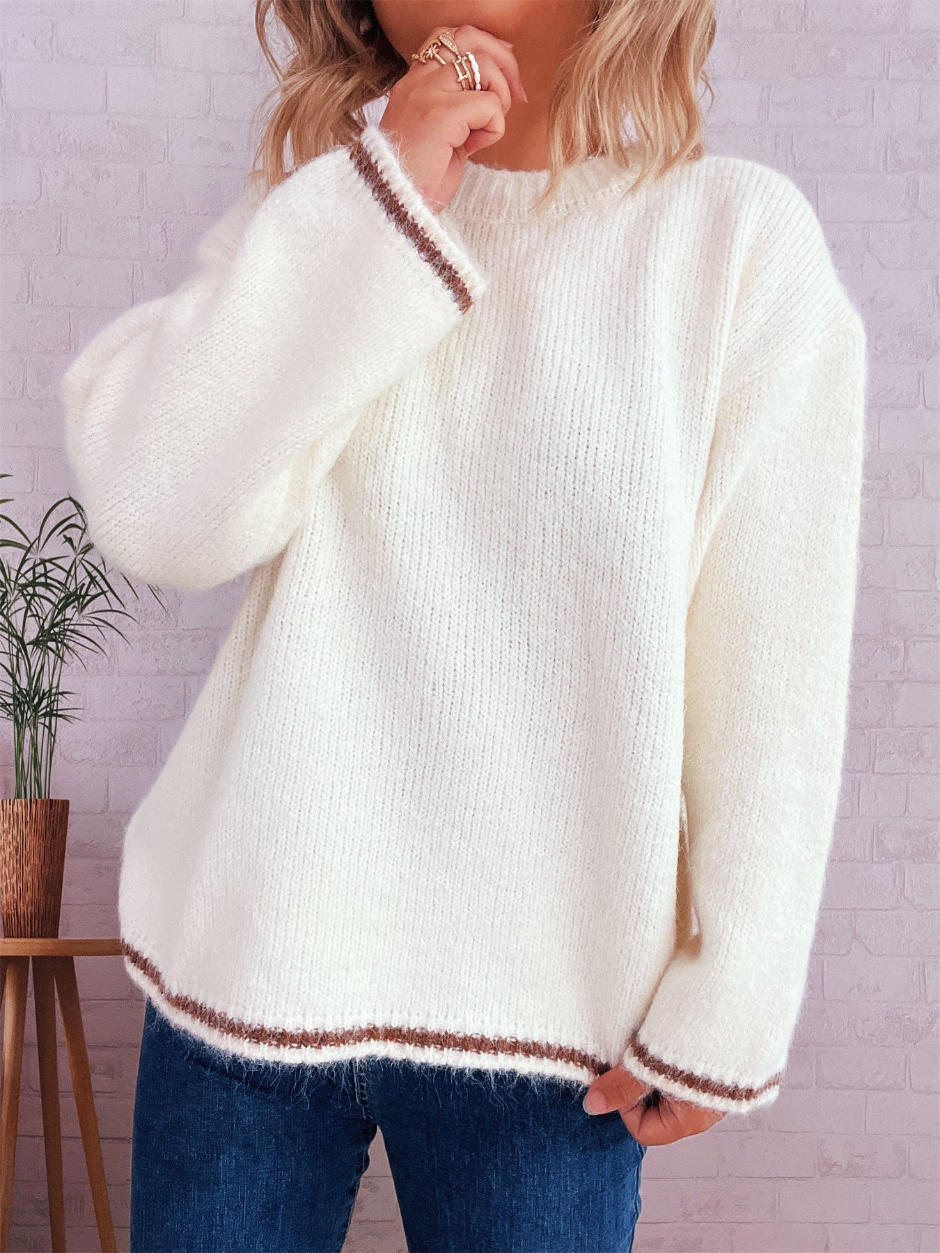 Damen Strickpullover Weich Lässig Beige