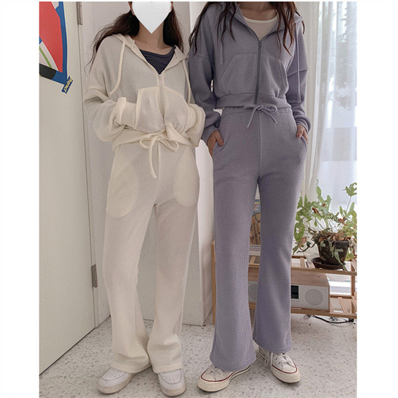 Damen Loungewear-Set Cropped-Hoodie Weite Hose Beige Eveloria