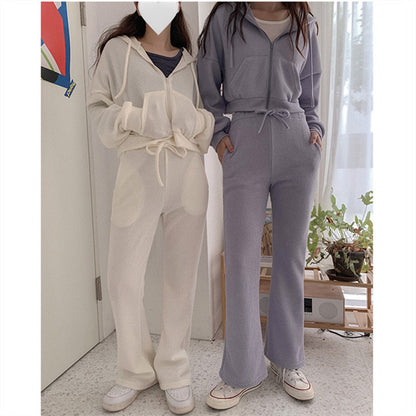 Damen Loungewear-Set Cropped-Hoodie Weite Hose Beige Eveloria