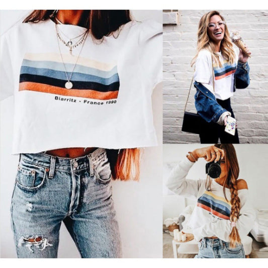 Damen Off-Shoulder Sweatshirt Streifenmuster - Eveloria